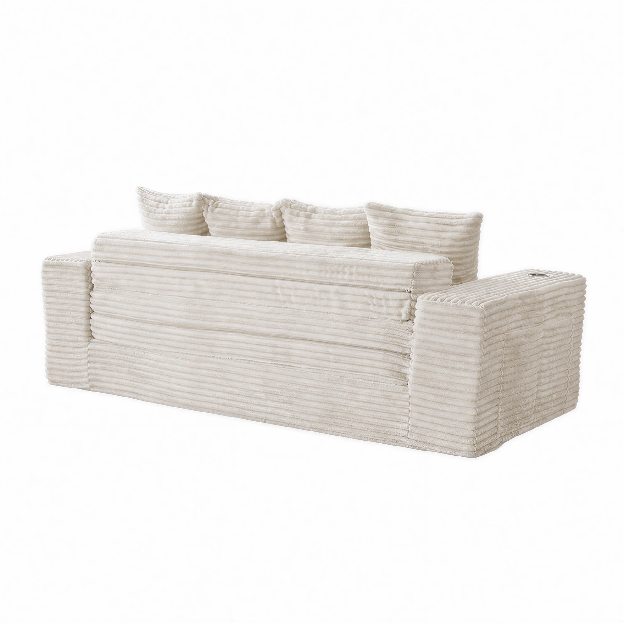 GARITIN Frameless Teddy Couch Bed 77 Inch, Boneless Corduroy Convertible Sofa with Cup Holders and Side Storage for Living Room, Cream