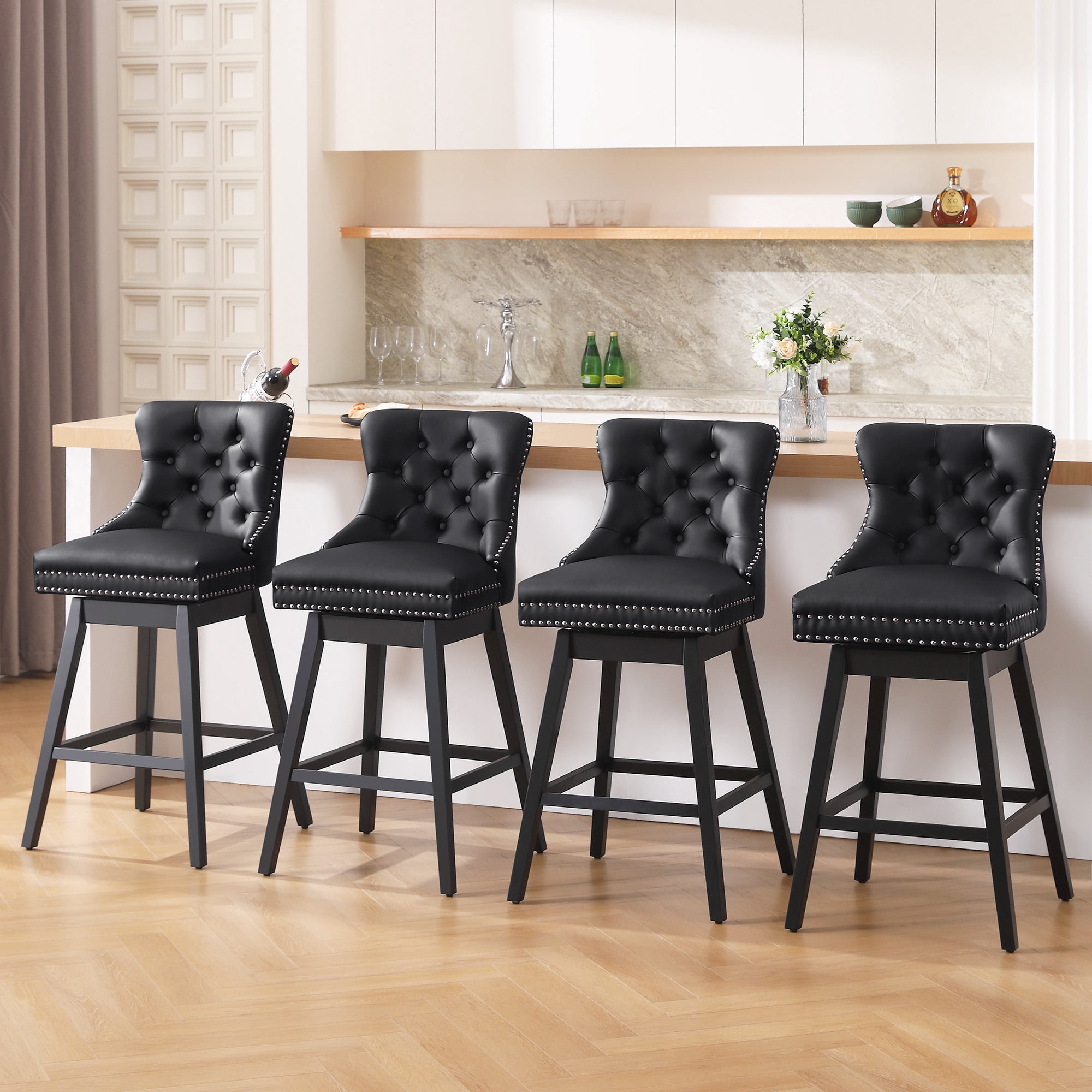 Tewloss 26" Swivel Bar Stools Set of 4 Leather Counter Height Chairs for Home Kitchen Dining, Black