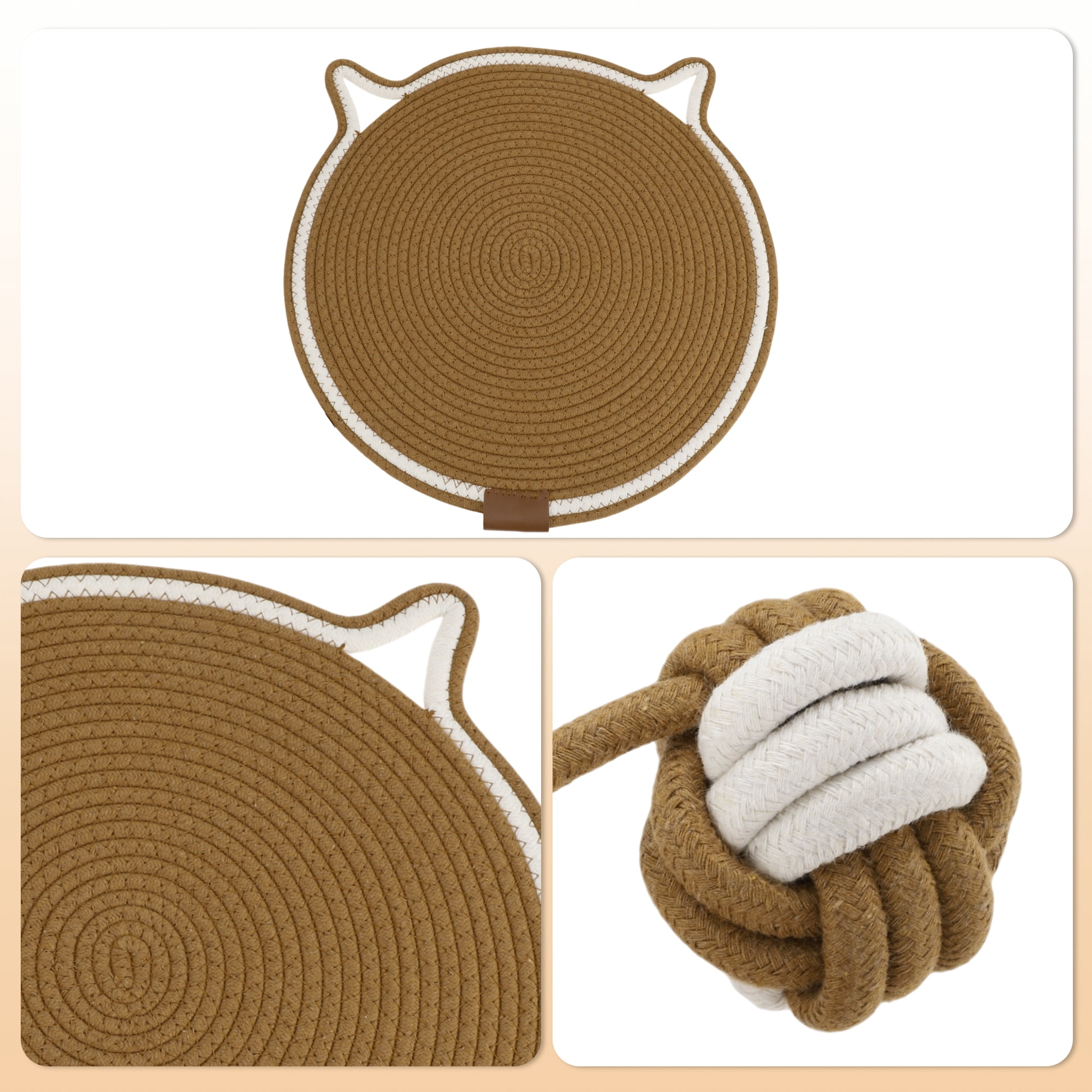 Unique Bargains Cat Scratcher Mat with A Cat Ball Cotton Rope Brown [19.69"]