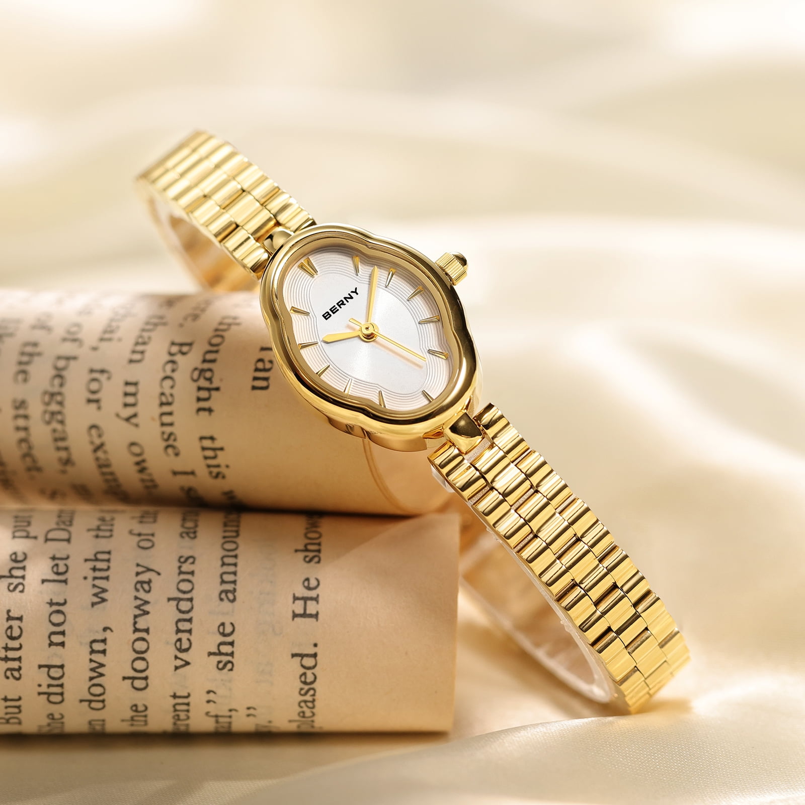 BERNY Small Gold Watches for Women Dainty Vintage Ladies Analog Quartz Bracelet Watch, Adjustment Tool Included Stainless Steel Waterproof, Fashion Luxury Womens Wrist Watches Gifts (White)
