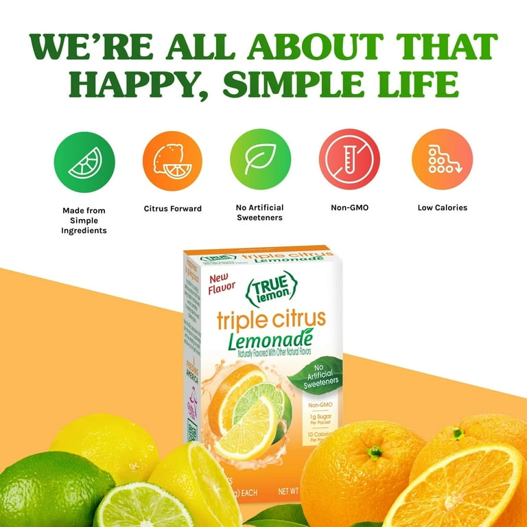 True Lemon Triple Citrus Lemonade Drink Mix, 10 Calories, No Artificial Sweetners, 10 Count