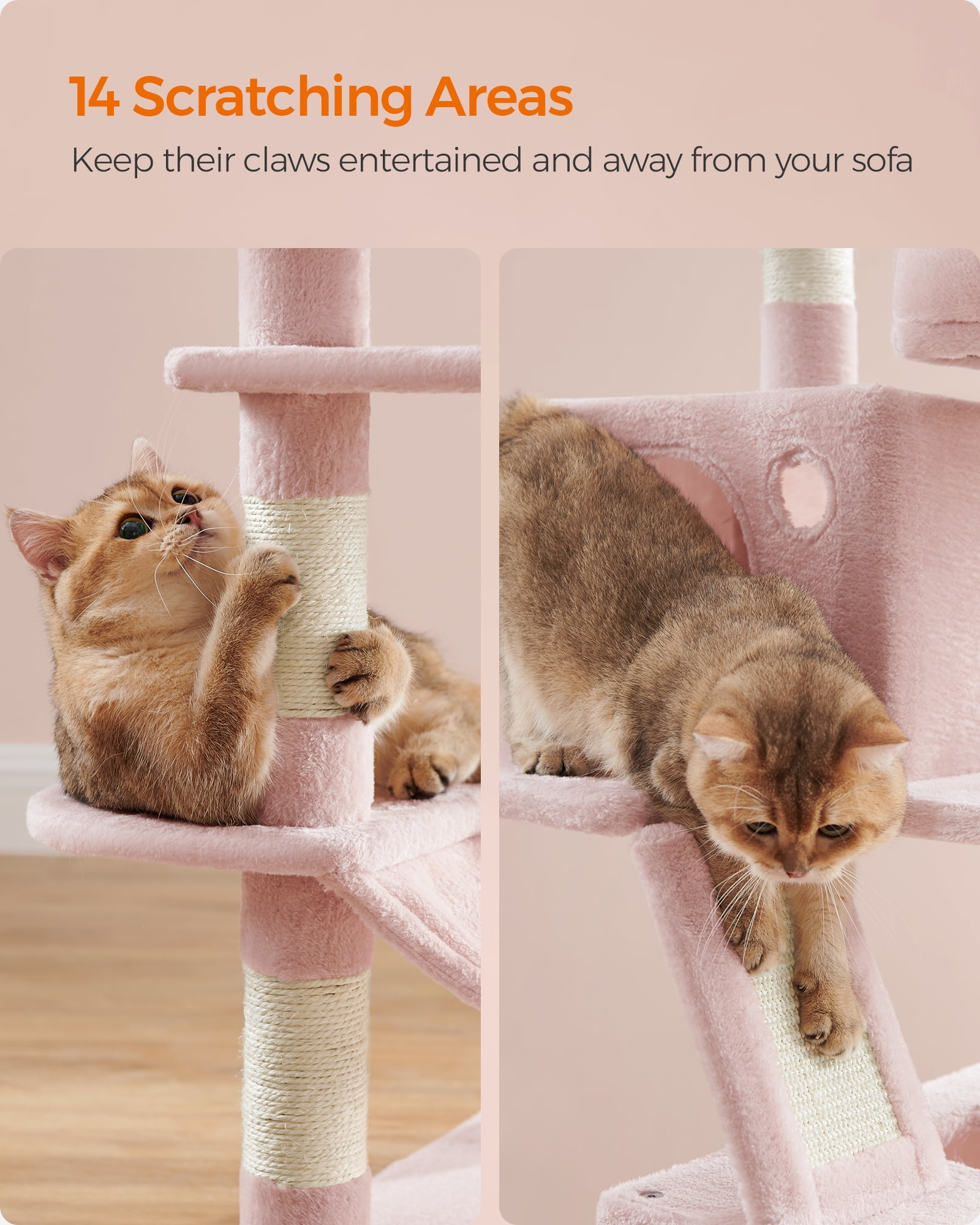 66.1"H Cat Tree Cat Tower for Indoor Cats, Plush Multi-Level Cat Condo with Scratching Posts, Perches, Caves, Hammock, Jelly Pink