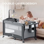 5 in 1 Pack and Play, Easy Folding Portable Playards, Baby Bassinet Bedside Crib with Mattress, Diaper Changer and Music Mobile