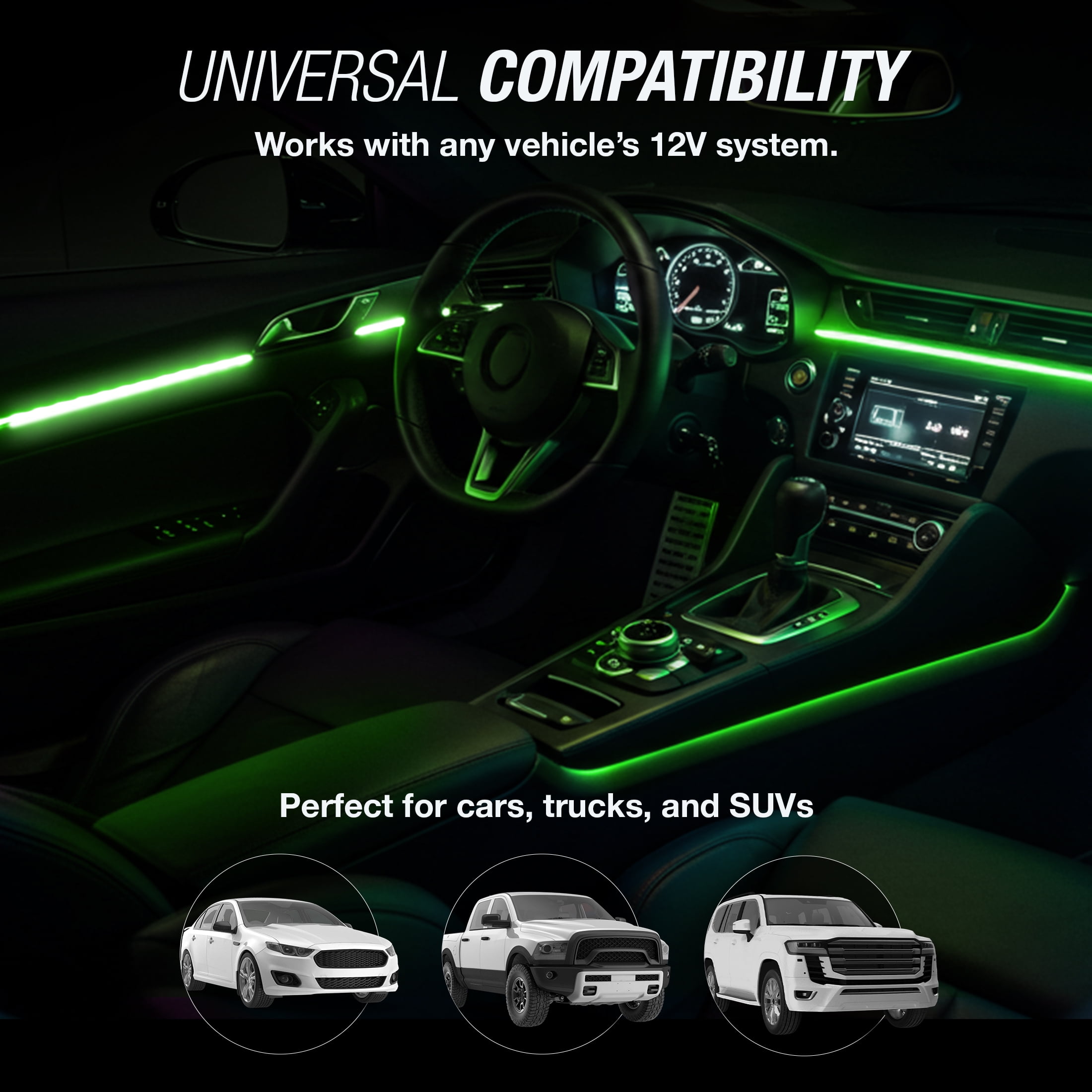 (2 pack) TYPE S - Infinite Glow Green LED Ambient Lighting - Car LED Strip Lights, Light Sync Technology, 3M Adhesive, Trimmable, 12V, 2 x 12" Green Strips, 24 inches