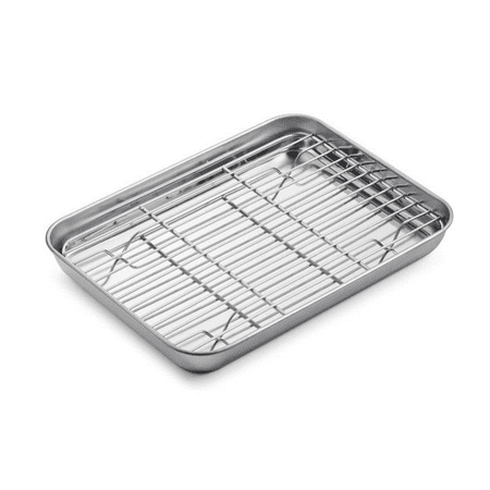 

Baking Sheet with Rack Set [1 Sheets + 1 Racks] Stainless Steel Cookie Pan Baking Tray with Cooling Rack Non Toxic & Heavy Duty & Easy Clean (9 x 7 x 1 inch)For Christmas Thanksgiving