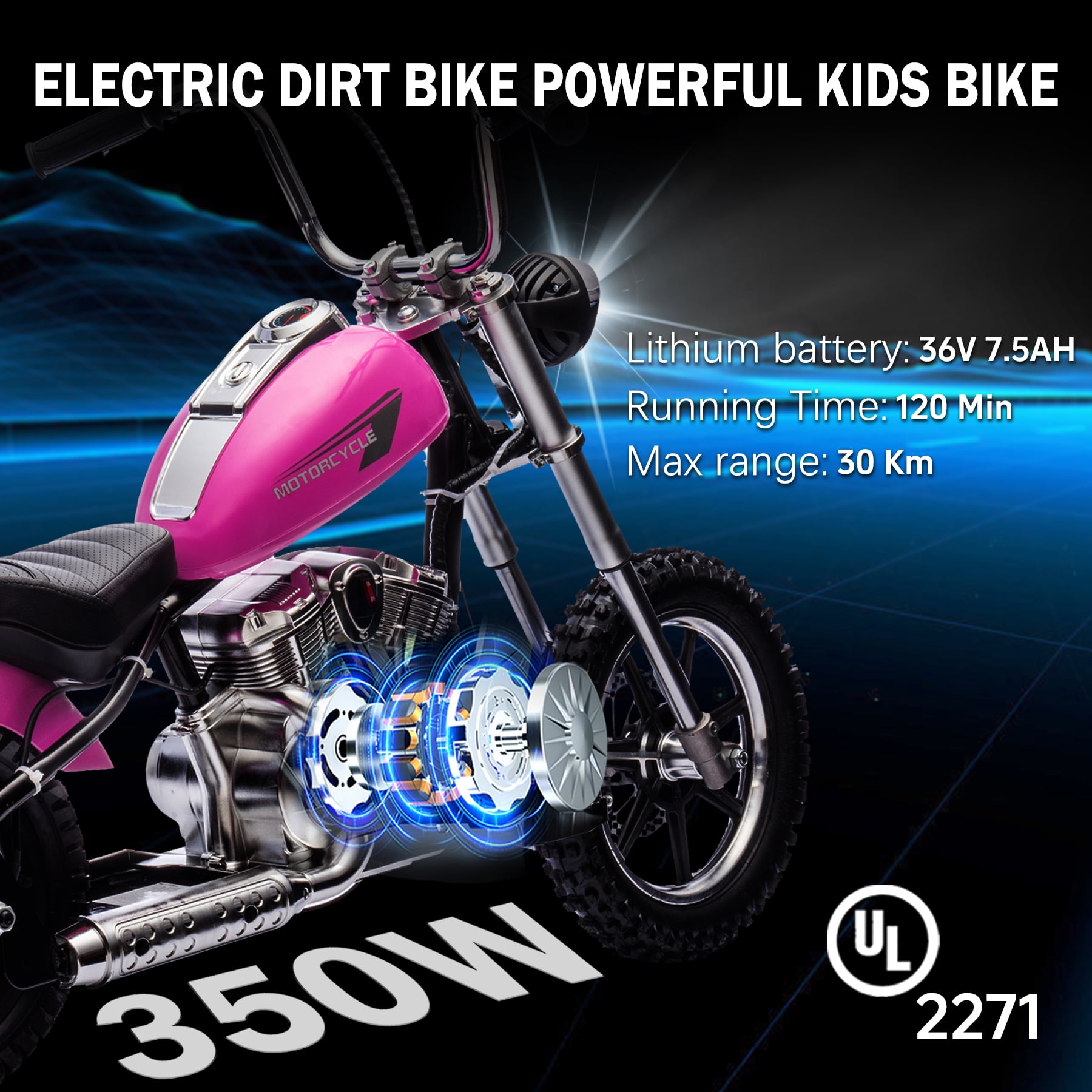 JoyWheels 36V Electric Dirt Bike, 350W Ride on Toy Motorcycle for kids,14mph, Pink