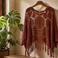 thumbnail image 2 of Karymi Cute Tops for Women Boho Beach Crochet Hollow Out 3/4 Bell Sleeve Cover Up Top, Scalloped Neck Tassel Fringe Knit Shrug, Sheer Crochet Pullover Cardigan Going Out Tops, 2 of 6