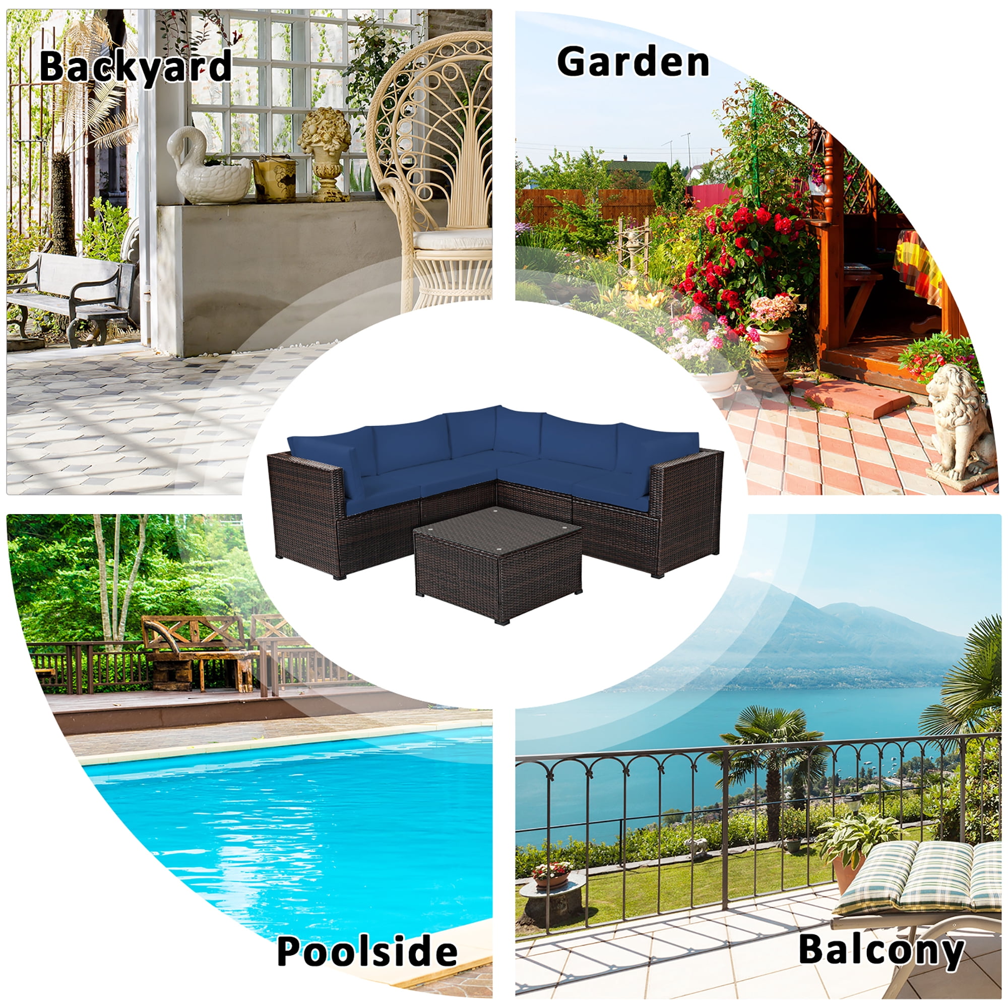 Costway 6PCS Patio Rattan Furniture Set Sectional Cushioned Sofa Deck Navy