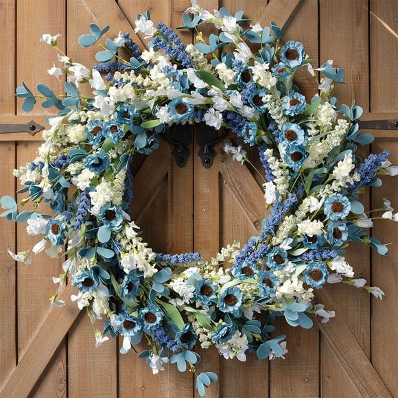 Corona de primavera Bibelot azul de 56 cm con hojas verdes y flores blancas