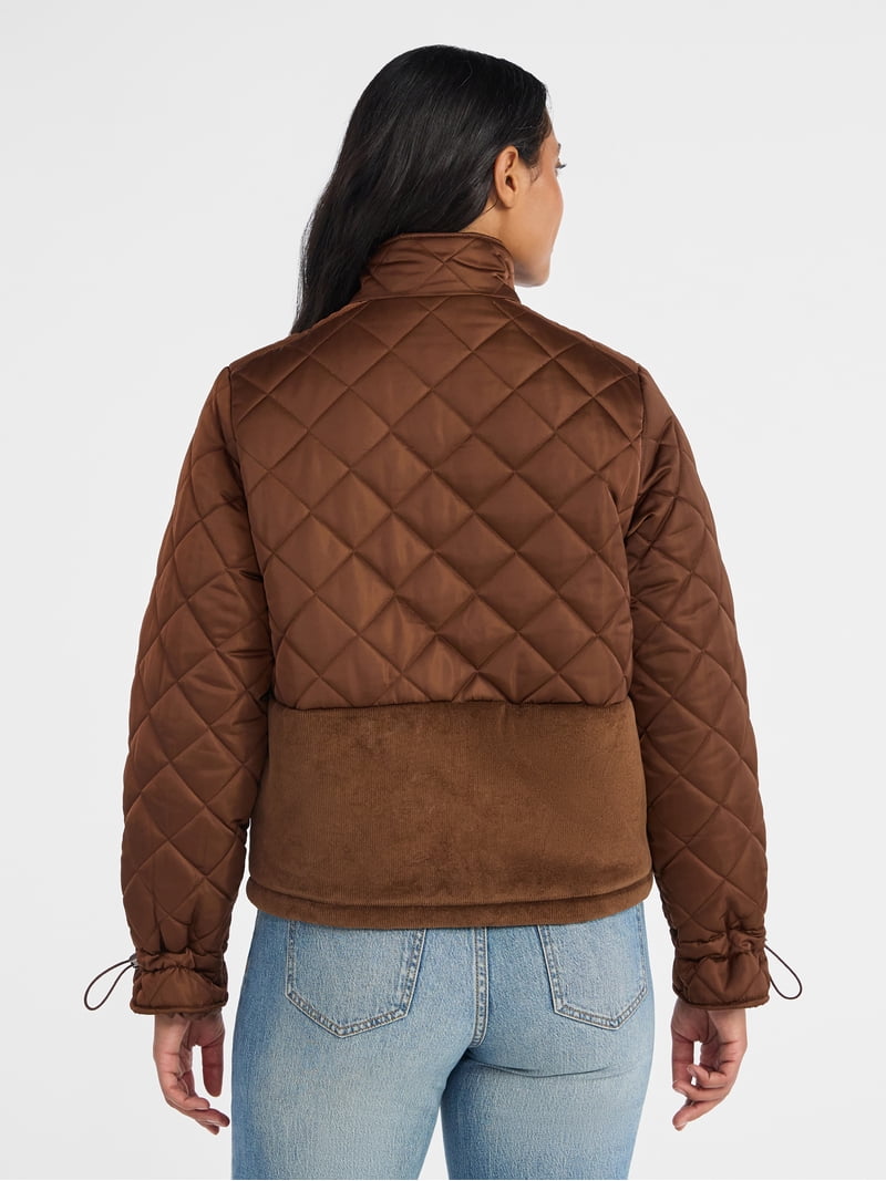 Time and Tru Women's and Women's Plus Mixed Media Puffer Jacket