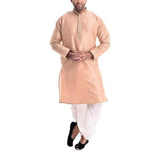 Royal Kurta Mens Silk Blend Front Embroidery Dhoti Kurta Brown
