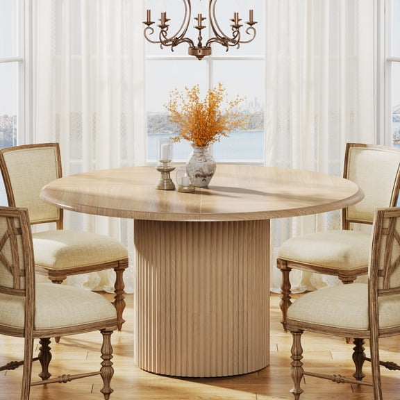 Finmind 47" Round Dining Table for 4, Farmhouse Kitchen Table with Metal Pedestal Base for Dining Room, Apartment, Natural