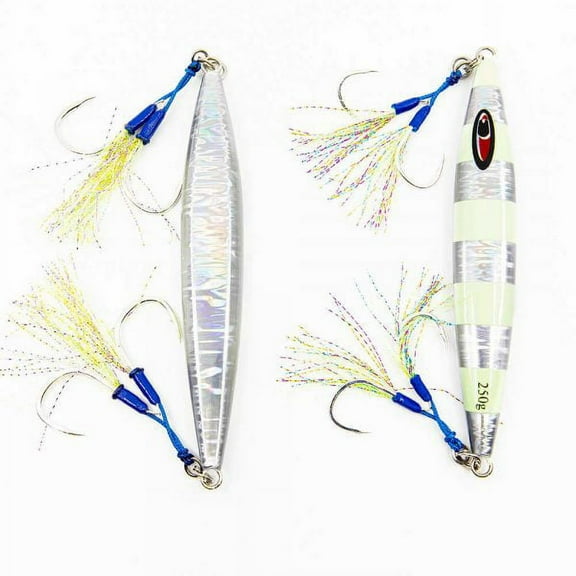 Jigs R Us Sardine Slow Pitch Jig Silver Glow 250g Rigged with Top and Bottom Dual Assist Hooks