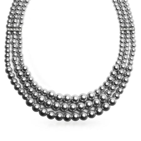 - 3 Multi Strand Grey Simulated Pearl Collar Necklace For Women Crystal Bar Spacer