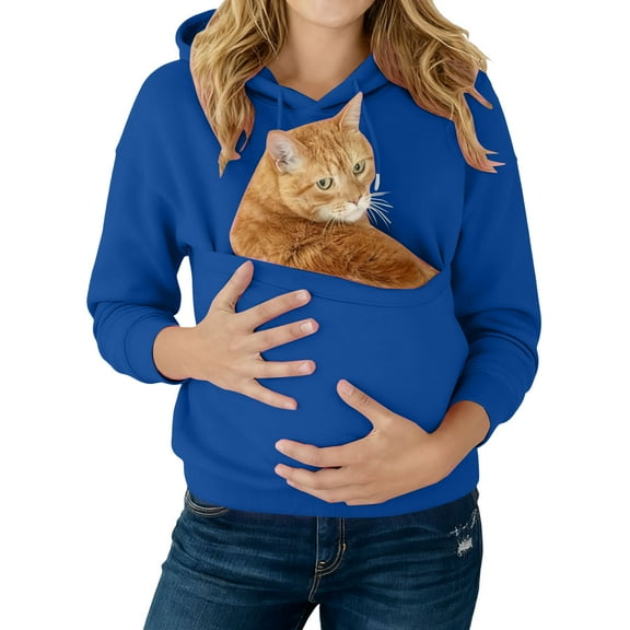GrmtClth Womens Cat Dog Pouch Hoodie Fashion Large Pet Pouch Puppy Holder Hoodies Cozy Soft Carrier Pullover Shirt with Pet Pocket Royal Blue S