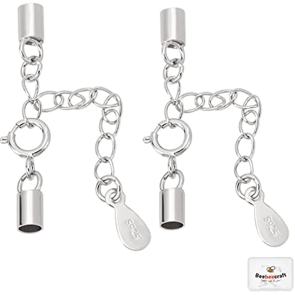 4 Sets 2 Size 925 Sterling Silver Cord End Caps with Lobster Clasp and Extension Chain for Jewelry Craft Making
