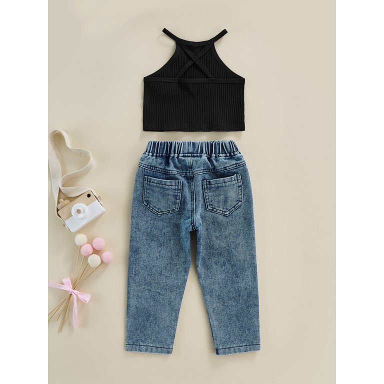 Kids Baby Girl 2Pcs Summer Outfit Sleeveless Halter Crop Vest Tops  Bell-Bottoms Denim Pants Set Flare Jeans Clothes 