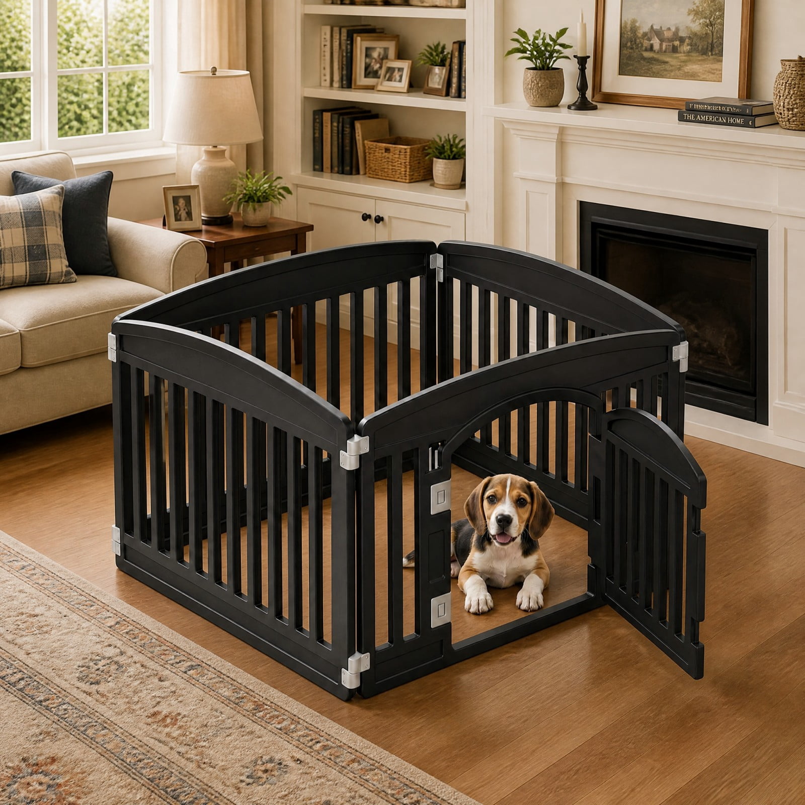 Telyra Pet Playpen Indoor & Outdoor 4 Panels Dog Fence with Safety Lock, Black