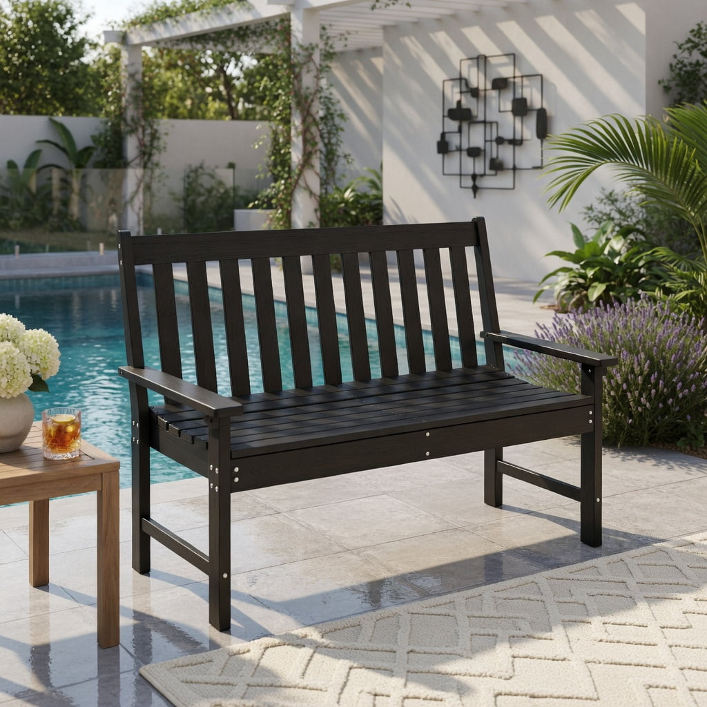 Hommoo 52" All-Weather HDPE Outdoor Bench, Heavy-Duty, Garden Bench with Backrest, Armrests & Slatted Design for Porch, Backyard & Patio, Black