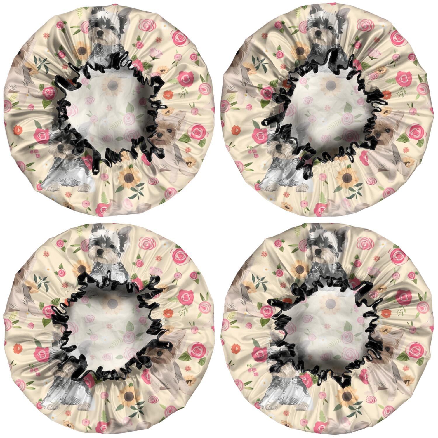 Shower Caps,Yorkie with Pioneer Flower Waterproof Shower Cap for Women 4 Pieces,Double Reusable Hair Cover for Shower PEVA Elastic Stretch Hem
