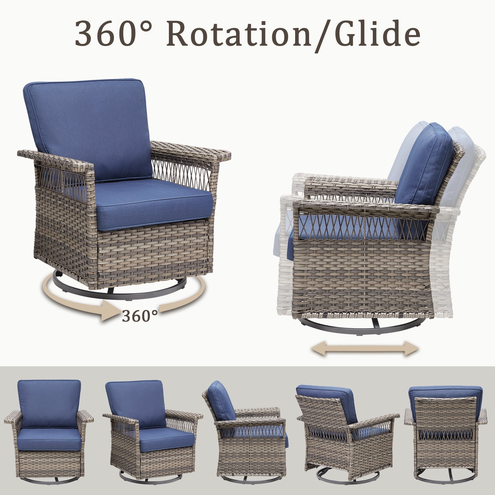 Lumiinofami 6 Piece Patio Sectional Set, Outdoor Conversation Furniture Set with Rocking Swivel Chairs and Side Table, All-Weather Wicker Padded Sofa Sets for Deck Poolside Backyard, Blue Cushions