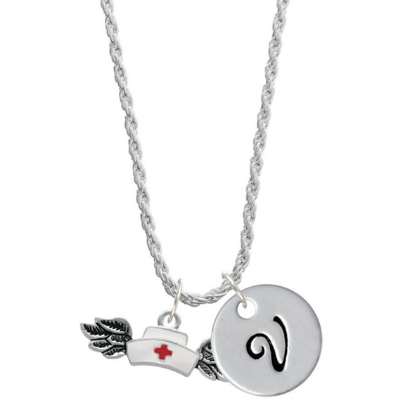 Delight Jewelry Silvertone Enamel Nurse Hat with Wings Silvertone Script Initial Disc - V - Charm Necklace, 20"+3"