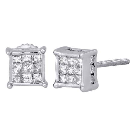 14K White Gold Princess & Round Diamond 3D Cube Stud 4 Prong Earrings 0.50 Ct.