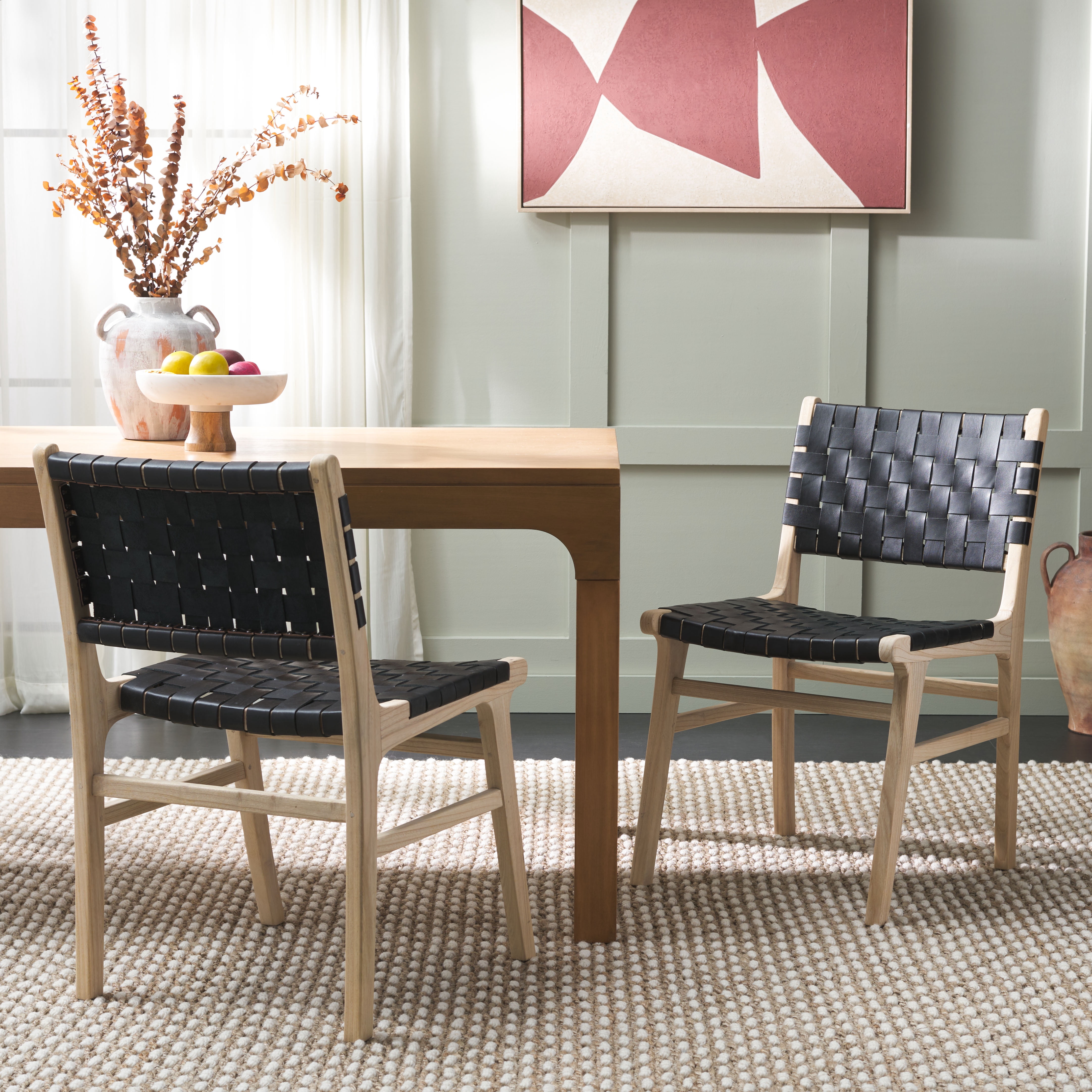 SAFAVIEH Taika Contemporary Leather Solid Dining Side Chair, Black/Light Natural (Set of 2)