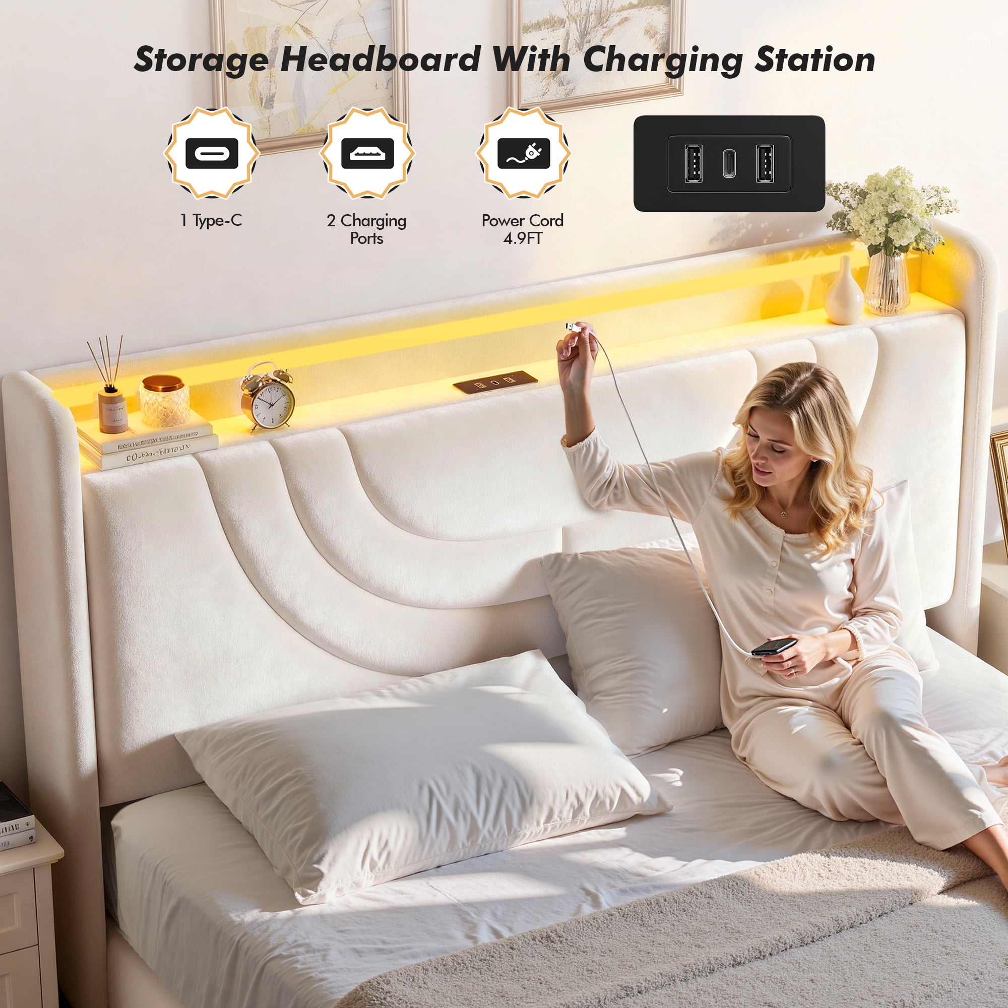 EnHomee Lift up Storage Bed with Headboard Queen Size Bed Frame with LED Light &Charge Station,Beige
