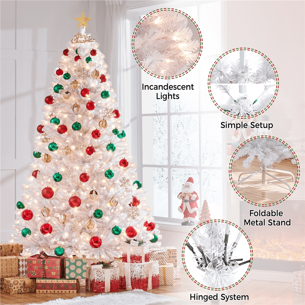 Alden Design 7.5ft Pre-Lit Fir Artificial Christmas Tree with Foldable Stand, White