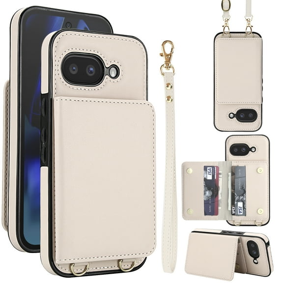 Wallet Case for Google Pixel 9a, with Wrist Strap and Shoulder Strap, RFID Blocking Card Slots, Classic Kickstand Magnetic Flip PU Leather Phone Case Cover for Google Pixel 9a, White