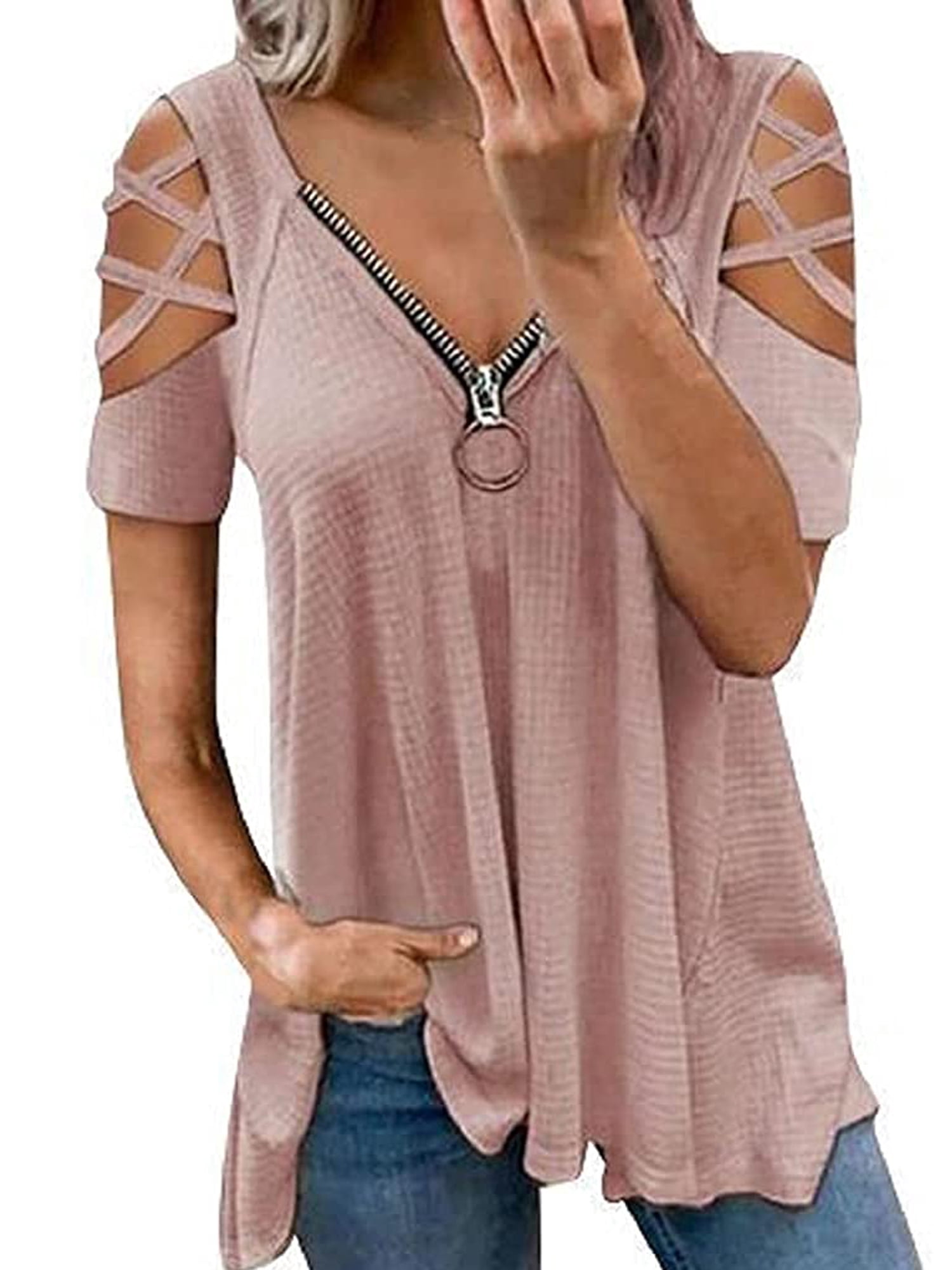 V Neck Short Sleeve Blouses Pullovers 