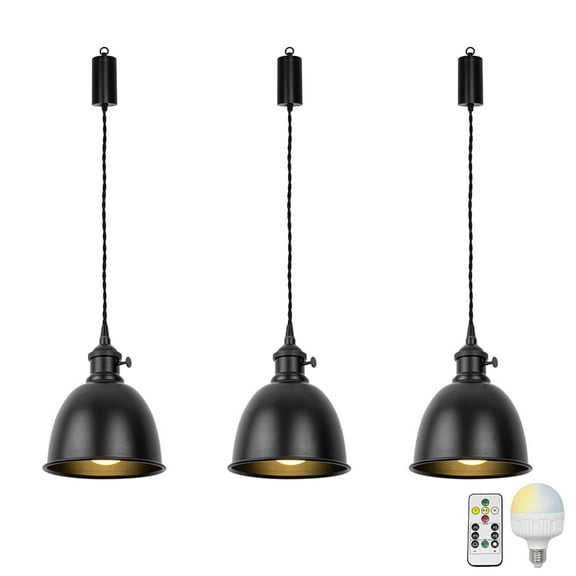 KAYYELAMP 3-Pack Hanging Light Rechargeable Battery LED Remote Dimmable Black Shade and Base with Switch 3.2Ft Adjusted Cord Vintage Pendant Light for Home Kitchen Bedside