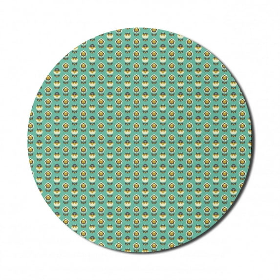 Floral Mouse Pad for Computers, Repetitive Retro Flowers Vintage Tulips Green Tones Print, Round Non-Slip Thick Rubber Modern Gaming Mousepad, 8" Round, Earth Yellow Cream, by Ambesonne