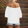 thumbnail image 5 of Frostluinai Strapless Tops for Women 3/4 Lantern Sleeve Shirts Chiffon Comfy T Shirts Off Shoulder Sexy Tees Solid Holiday Blouses, 5 of 9