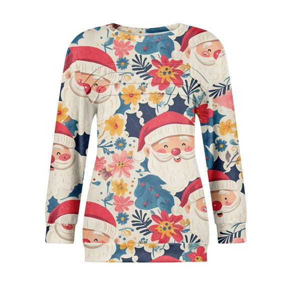 Women's Casual Long Sleeve Round Neck Sweatshirt Fit Pleated Top with Christmas Print for Fashionable Holiday Outfits and Comfortable Wear,Red,S