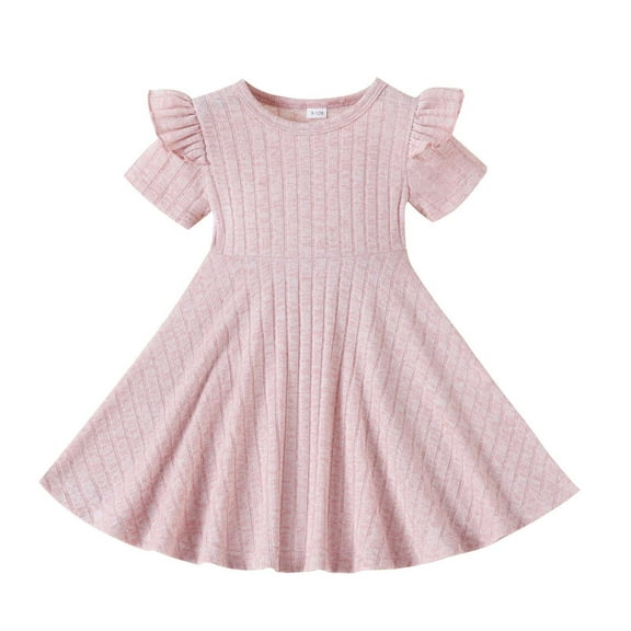 WRKEKC Toddler Girls Spring Summer Dress Short Flutter Sleeve Round Neck Textured Knit Fabric Flared Hem Dress for 3-24 Months Infants