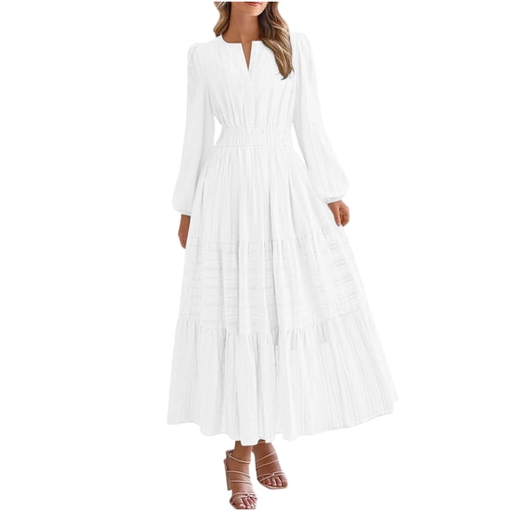 Arnsht Fall Dresses for Women 2025 Casual Long Sleeve V Neck Elastic Waist Lightweight Maxi Wedding Guest Dress Pockets White XL