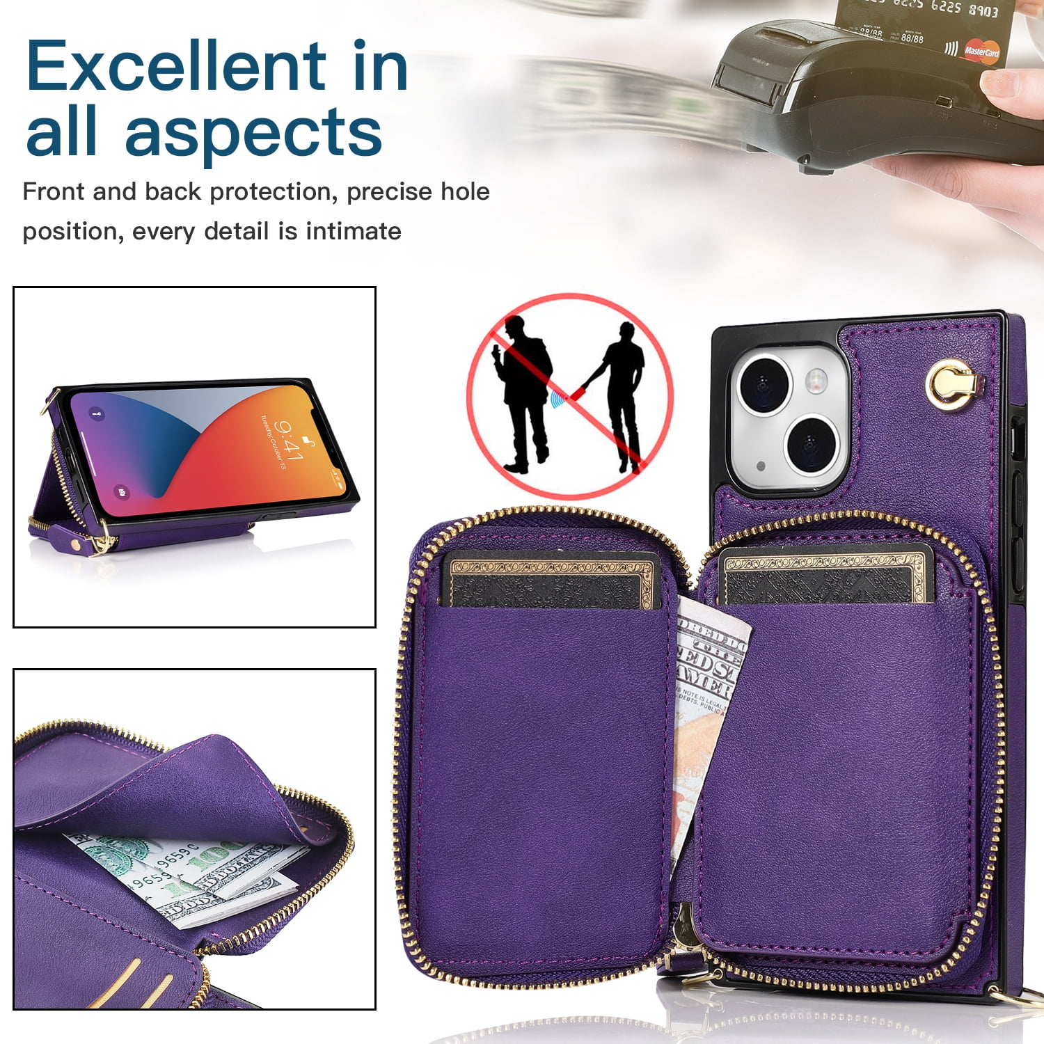 TECH CIRCLE For iPhone 7 / 8 / SE 2022 & 2020 Wallet Case,Card Holder Phone Case for Women, Zipper PU Leather Purse Kickstand Folio Flip Case with Crossbody Strap for Apple iPhone 7 8 SE 2022,Purple