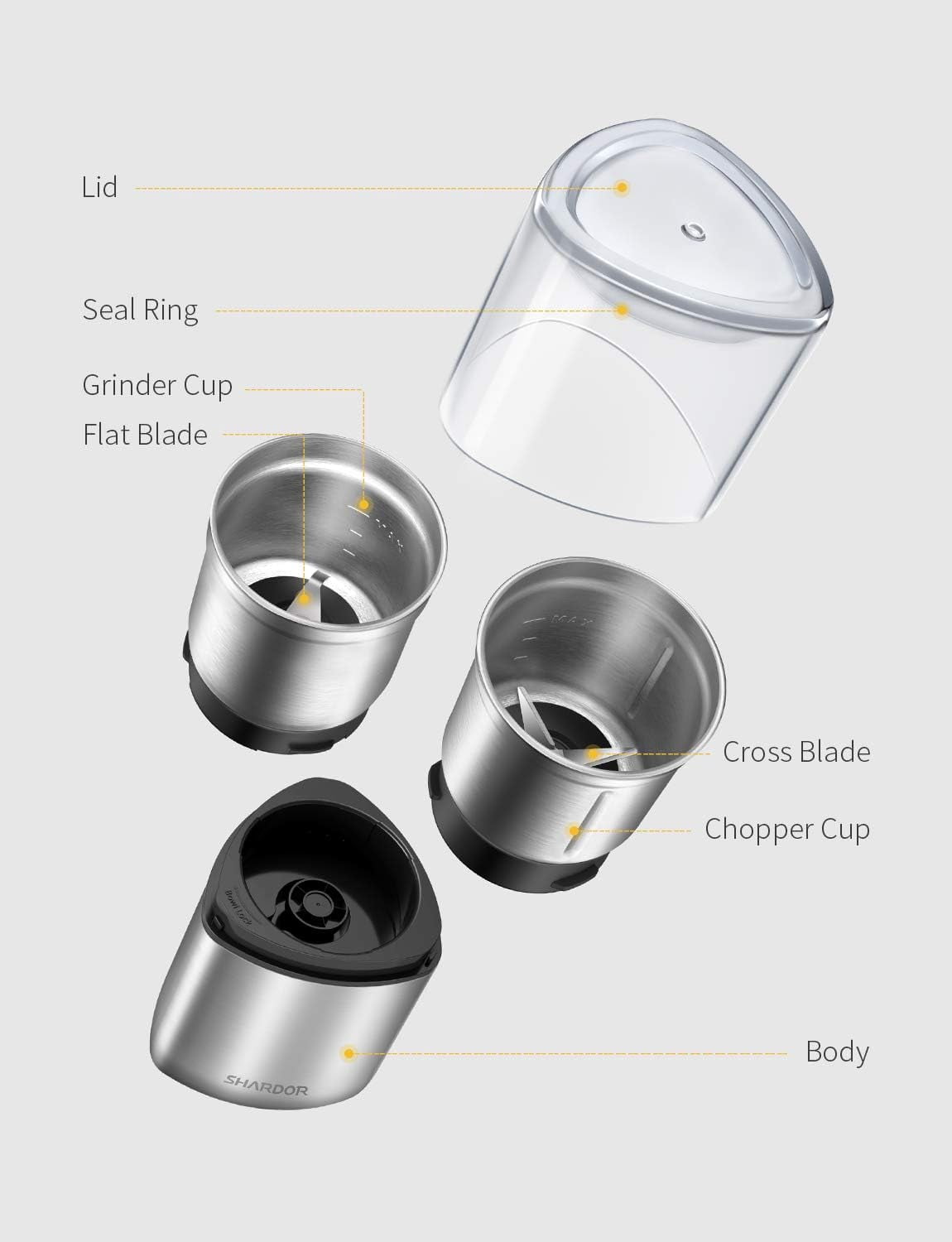 GDOR Coffee Grinder Electric Herb/Wet Grinder for Spices and Seeds with 2 Removable Stainless Steel Bowls, Silver