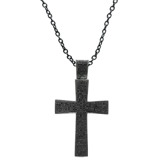 Dazzlingrock Collection Round Black Diamond Religious Cross Pendant for Men with 18 Inch Silver Chain (0.90 ctw, Color Black, Clarity Opaque) in Black Plated 14K White Gold