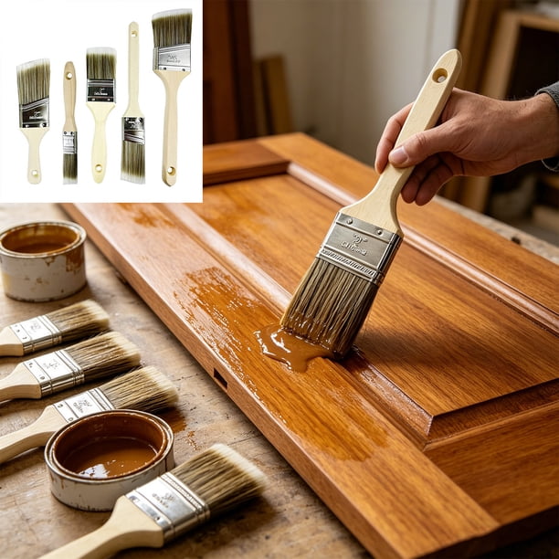 Juego de pinceles de madera para bricolaje en el hogar: pinceles planos y de esquina para paredes, molduras y pintura de detalles.