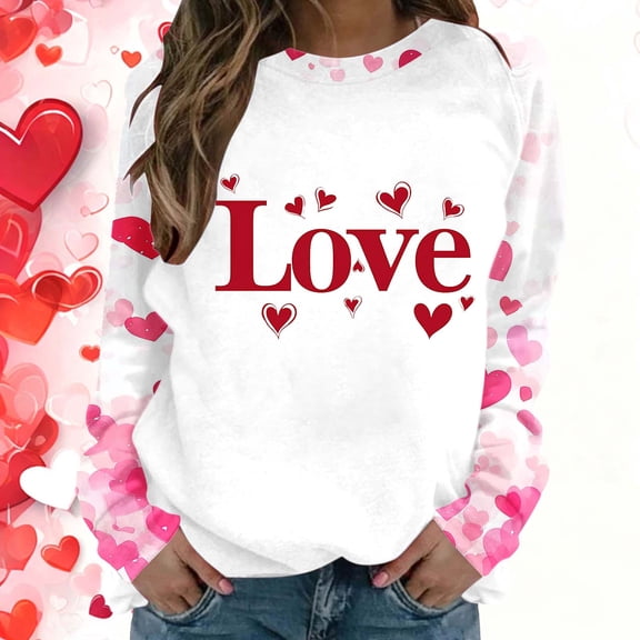 FDGIU ‌Valentine's Day Shirt Women, Heart Print Long Sleeve T-Shirt with Crew Neck for Valentine's Outfit & Casual Wear