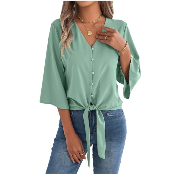 Ymauqau Women's Tops 3/4 Bell Sleeve V Neck Solid Color Tie Front Button down Shirts Dressy Casual Blouses