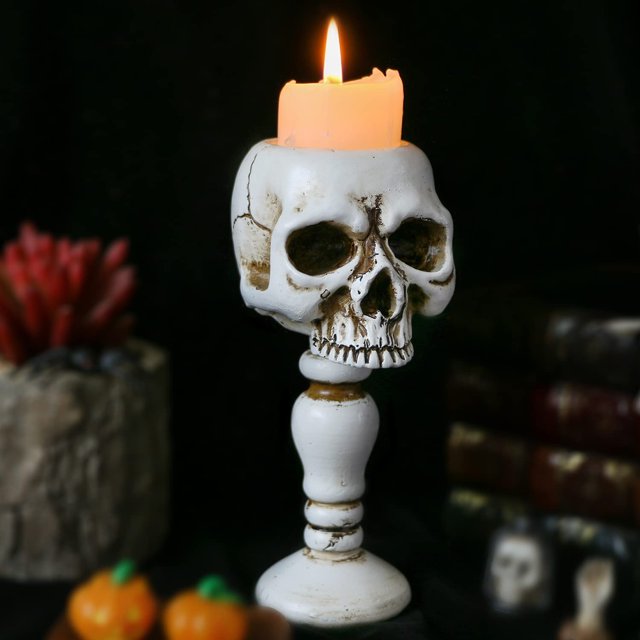 Candelabro de calavera - Candelabro de mesa con forma de cabeza de esqueleto de calavera, estilo retro espeluznante, para mesa, para decoración de hogar, oficina, bar, fiesta, cementerio