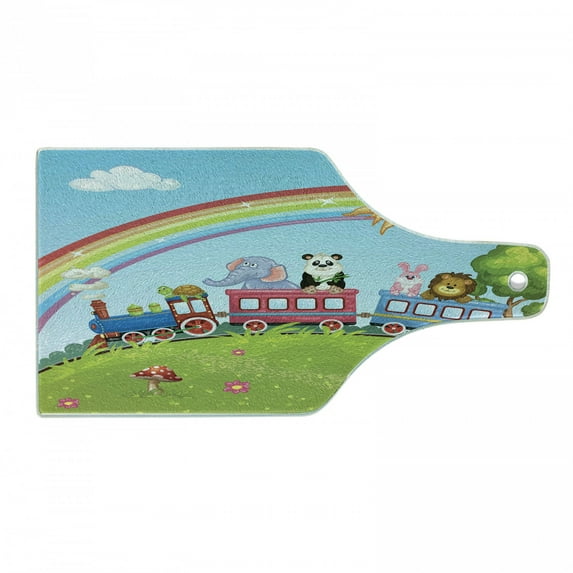 Zoo Cutting Board, Colorful Cartoon Animal Train Rainbow Sun Sky Mushrooms Flowers Tree Playful Funny, Decorative Tempered Glass Cutting and Serving Board, Wine Bottle Shape, Multicolor, by Ambesonne