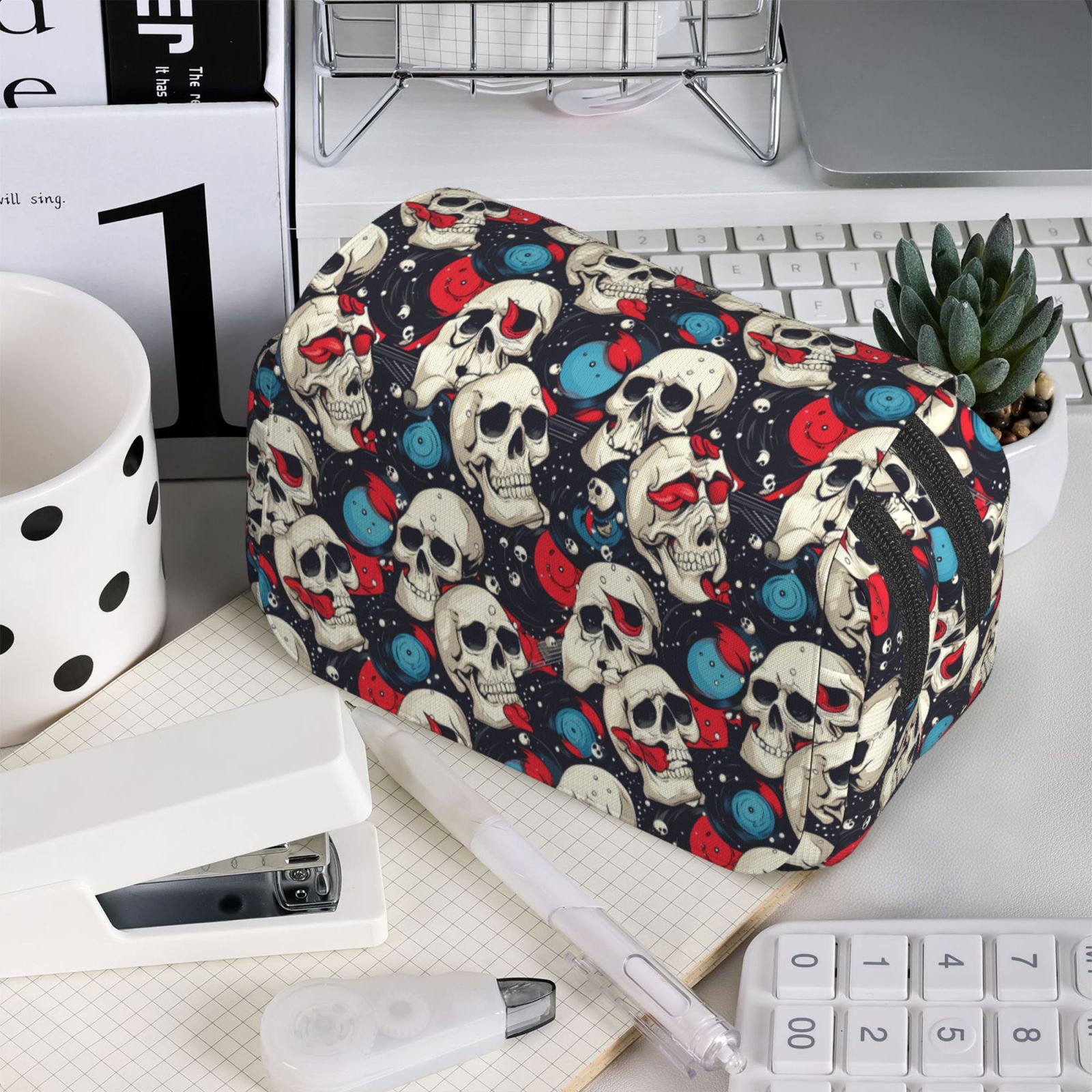 Rateoe rock record Skull artist Pattern Double Clamshell Pen Case, Storage Organizer with Two Zipper Compartments– Holds Up to 50 Pencils & Pens