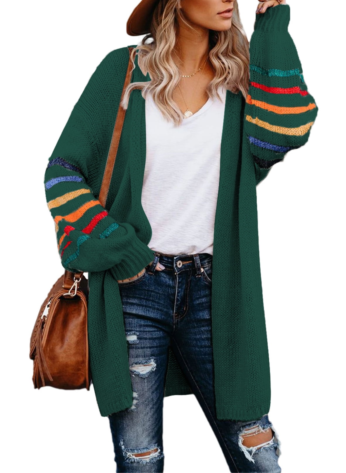 Aleumdr Womens Sweater Coat Loose Stripe Knit Green Open Front Cardigan ...