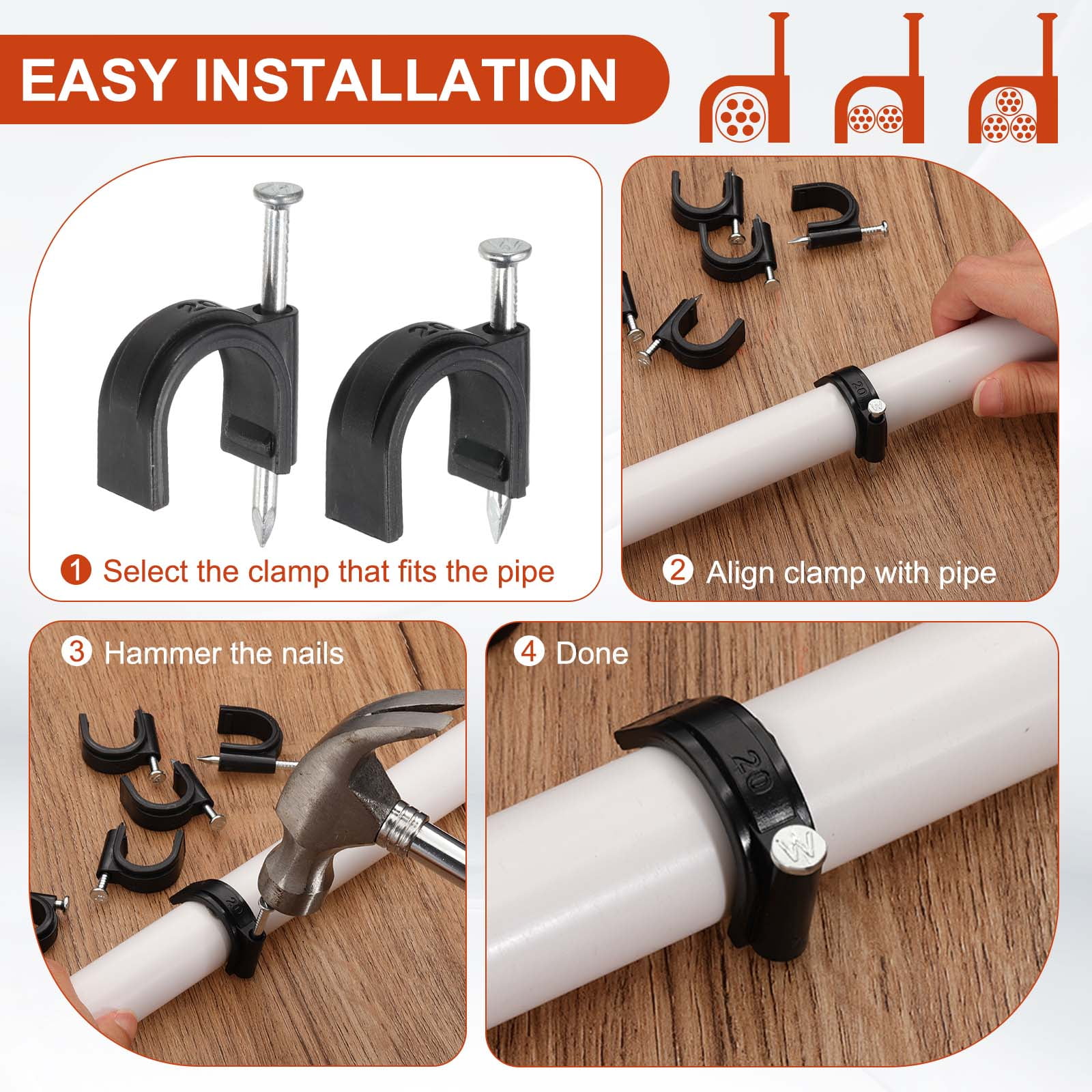 3/4 Inch Half Clamp J-Hook with Nail Pex Pipe Fixture, White, 65mm Nail, 70 Pack