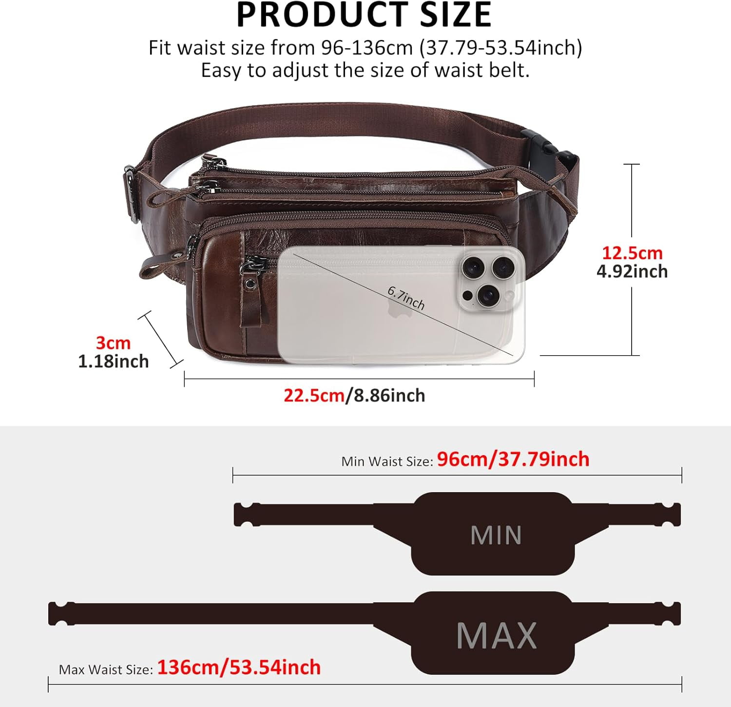 Leather Fanny Pack for Men Women, Belt Bag Fashion Waist Packs Small Crossbody Bag with Adjustable Strap for Travel Sport Walk (Black)
